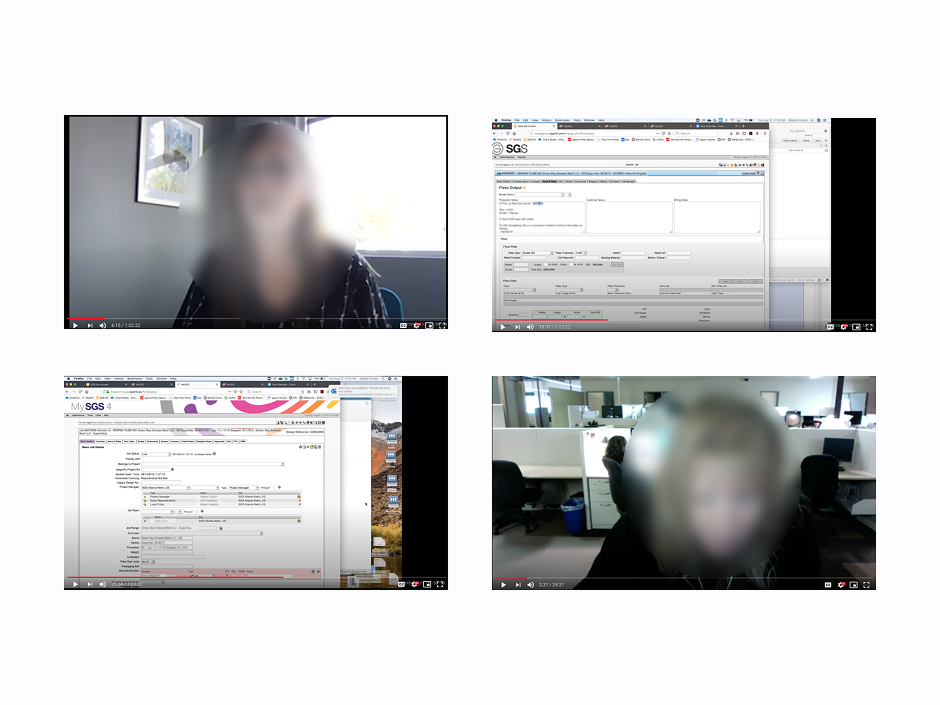 Contextual inquiry: stills from remote sessions (sensitive details removed where needed).