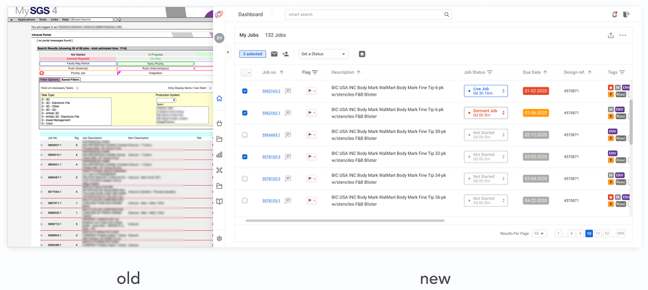 Before and after: legacy MySGS job surface versus the next-gen dashboard direction