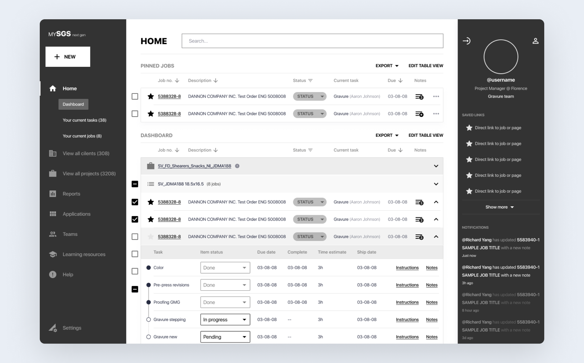PM dashboard concept — tasks, pinned jobs, and scalable order table