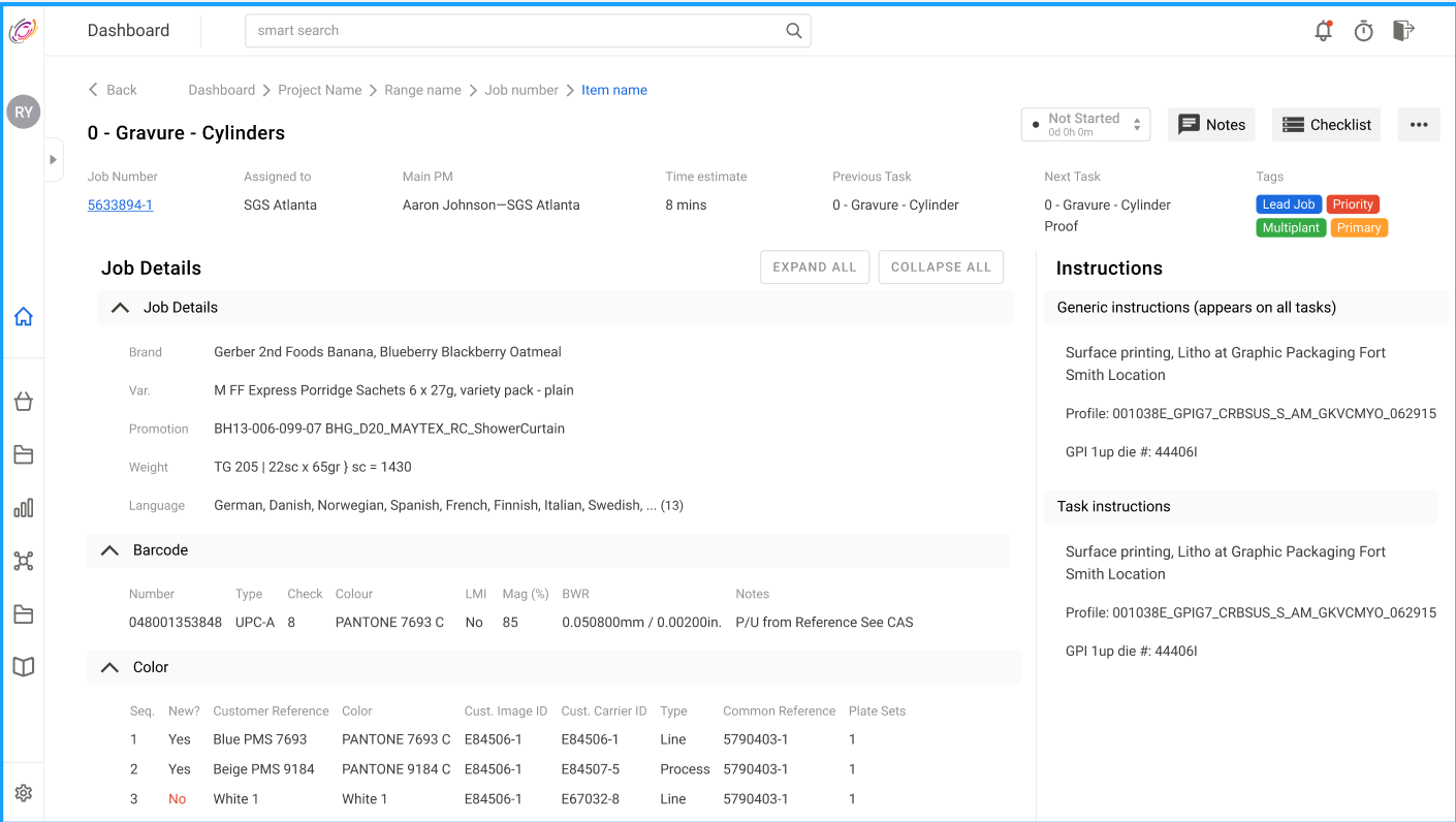 Operator task screen with specific job execution details.